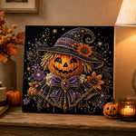 Finished jack‑o‑lantern scarecrow pearl diamond painting artwork displayed as holiday home decor