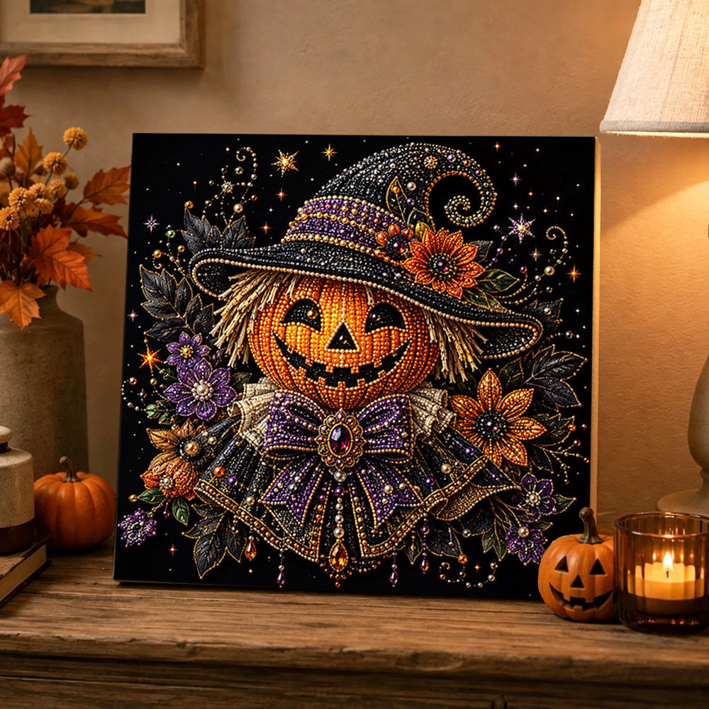 Finished jack‑o‑lantern scarecrow pearl diamond painting artwork displayed as holiday home decor