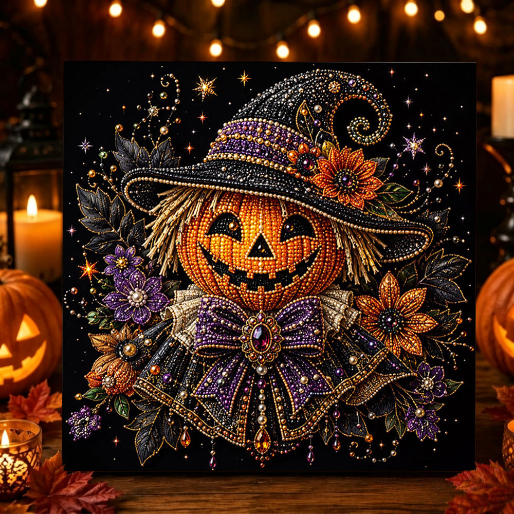 Jack‑o‑lantern scarecrow pearl diamond painting kit for beginners