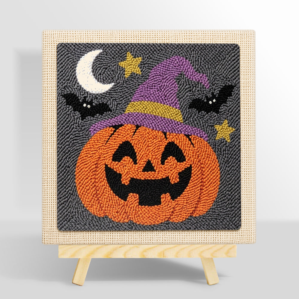 Jack o lantern wearing witch hat punch needle kit for beginners