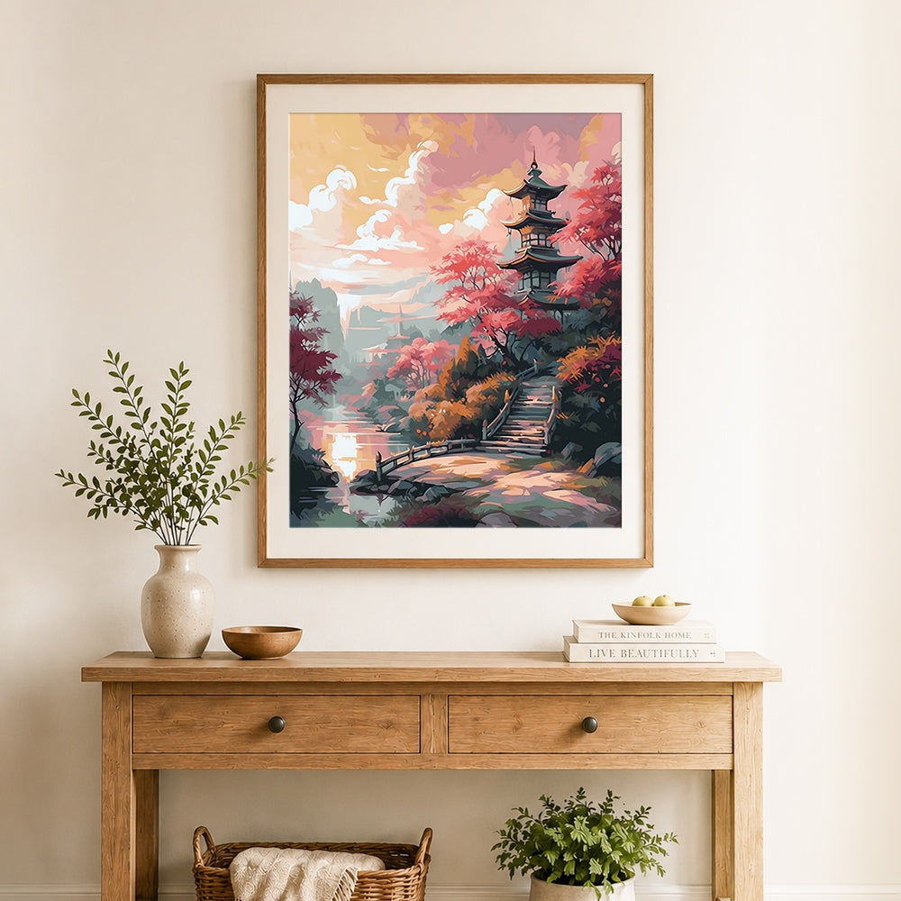 Finished japanese pagoda and bridge at sunset cross stitch artwork displayed as home decor