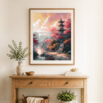 Finished japanese pagoda and bridge at sunset cross stitch artwork displayed as home decor