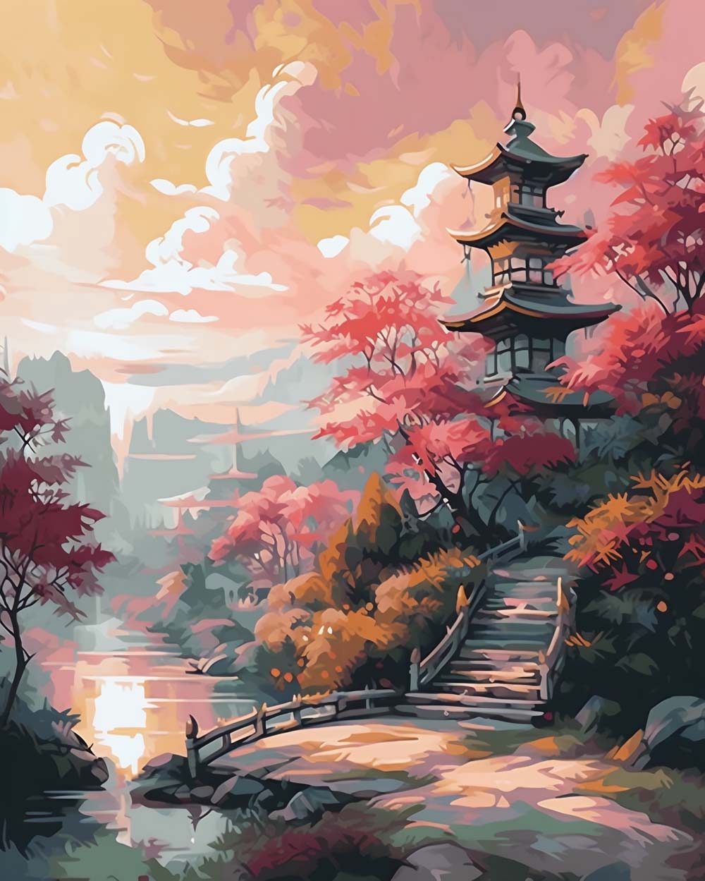 Japanese pagoda and bridge at sunset cross stitch kit for beginners