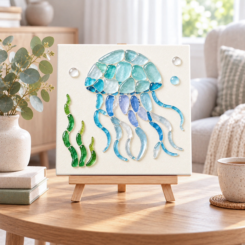 Jellyfish sea glass art kit displayed as seasonal home decor