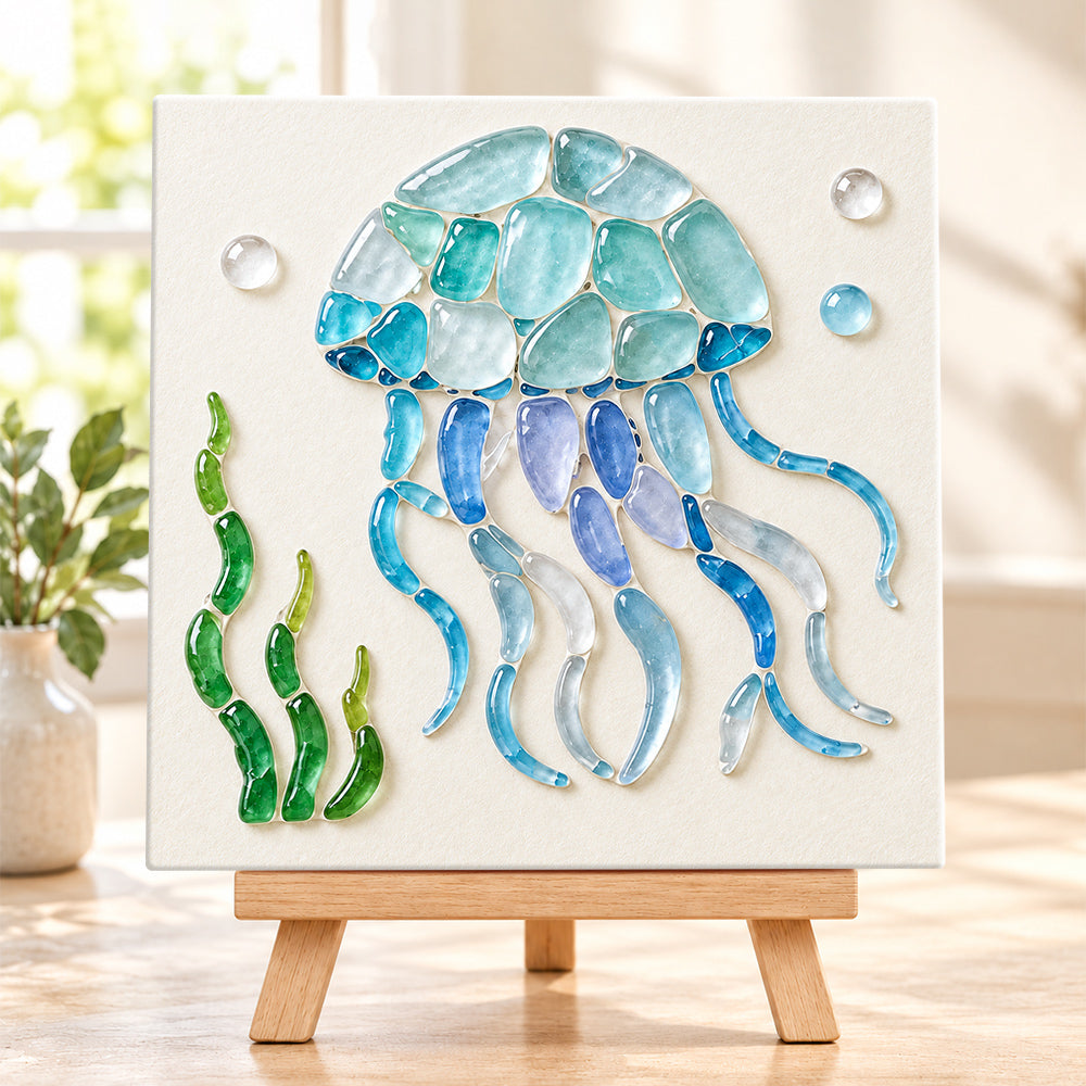 Jellyfish sea glass art kit finished artwork on display