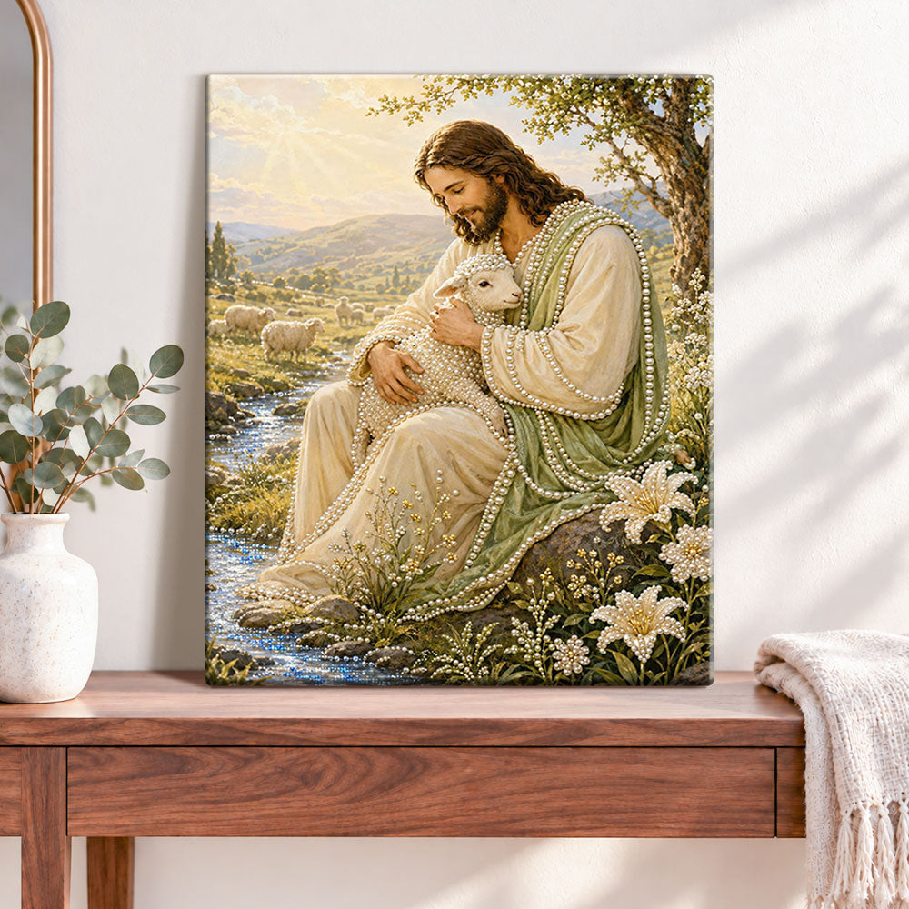 Finished jesus and the lamb pearl diamond painting artwork displayed as home decor