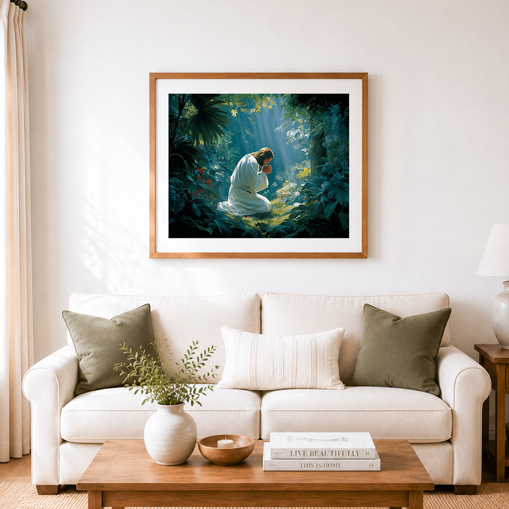 Finished jesus praying in the forest cross stitch artwork displayed as home decor