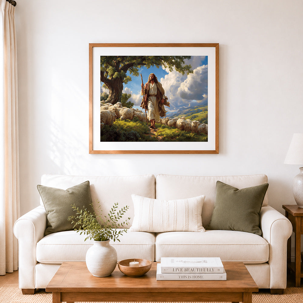 Finished jesus the good shepherd with flock of sheep cross stitch artwork displayed as home decor