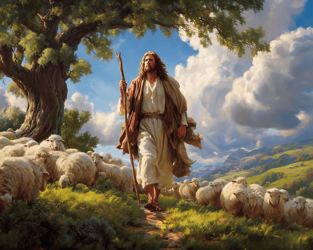Jesus the good shepherd with flock of sheep cross stitch kit for beginners