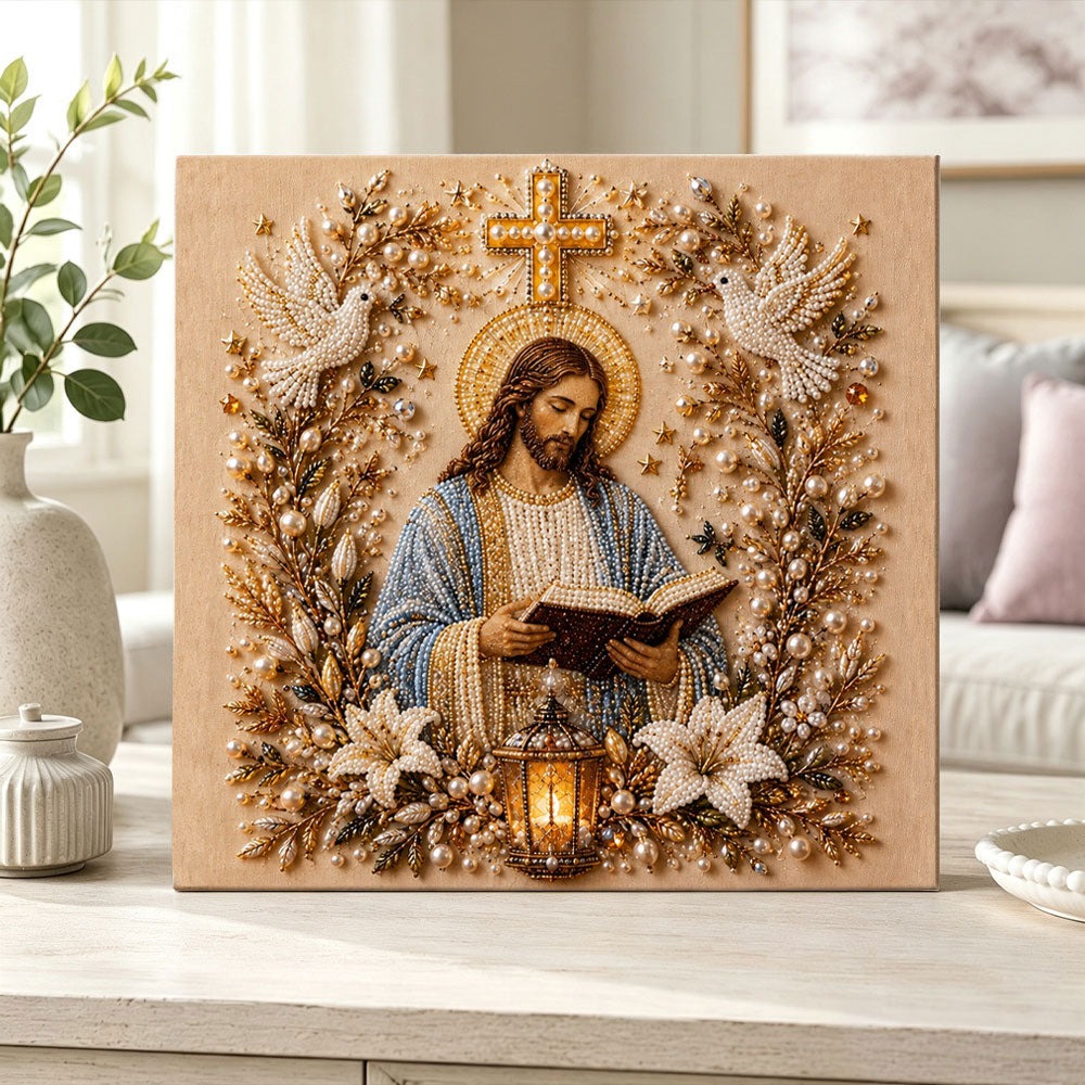 Finished jesus with bible pearl diamond painting artwork displayed as home decor