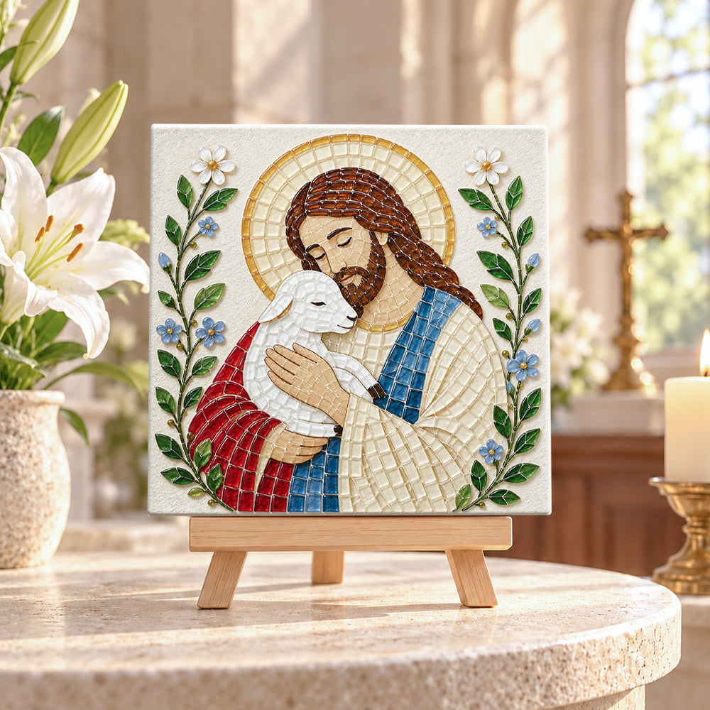 Jesus with lamb sea glass art kit displayed as seasonal home decor