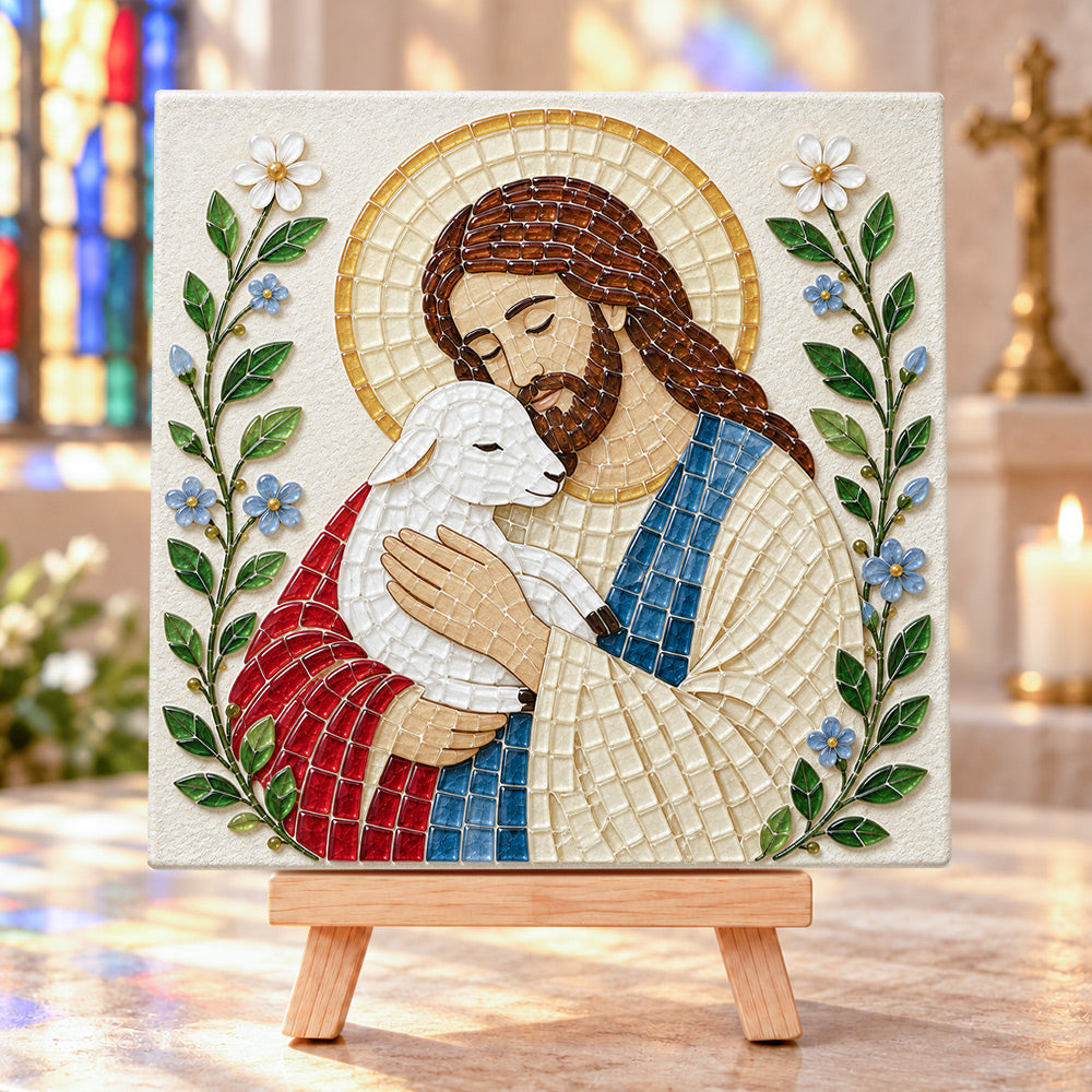 Jesus with lamb sea glass art kit finished artwork on display