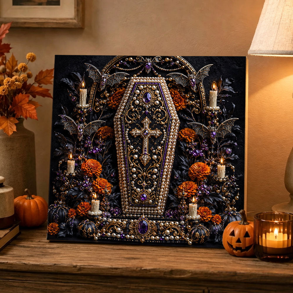 Finished jeweled coffin with bats pearl diamond painting artwork displayed as holiday home decor