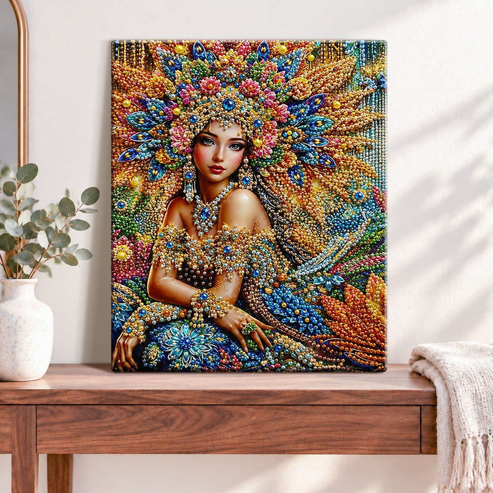 Finished jeweled floral goddess pearl diamond painting artwork displayed as home decor