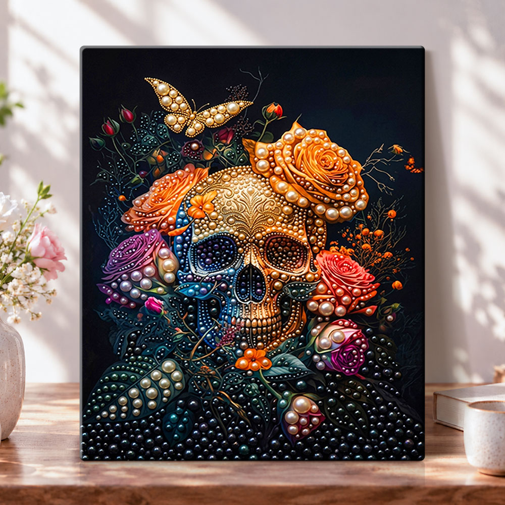 Finished jeweled floral skull pearl diamond painting artwork displayed as home decor