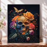 Finished jeweled floral skull pearl diamond painting artwork displayed as home decor
