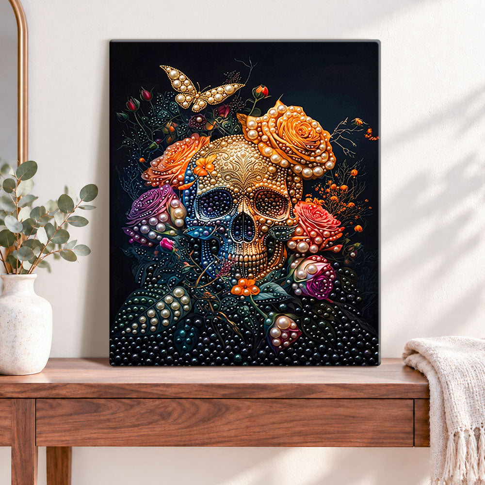 Jeweled floral skull pearl diamond painting kit for beginners