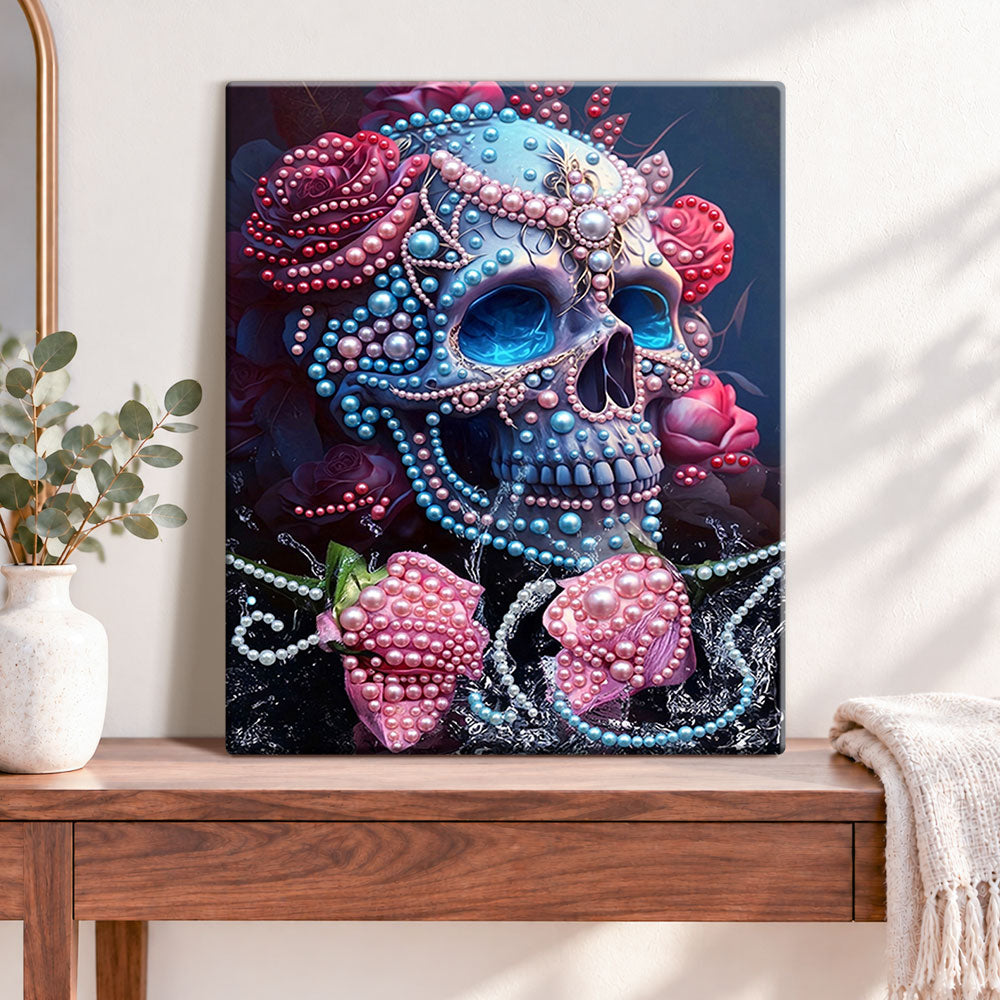 Finished jeweled skull and roses pearl diamond painting artwork displayed as home decor