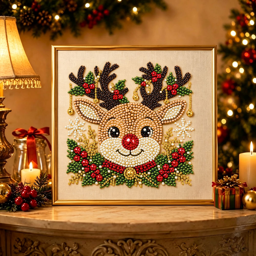 Finished jingle bells christmas reindeer pearl diamond painting artwork displayed as holiday home decor