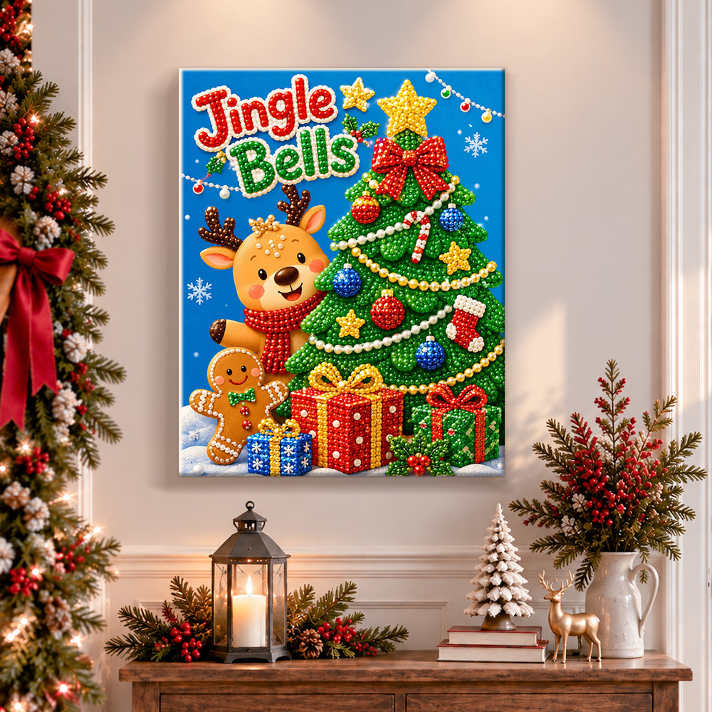 Finished jingle bells spirit pearl diamond painting artwork displayed as holiday home decor