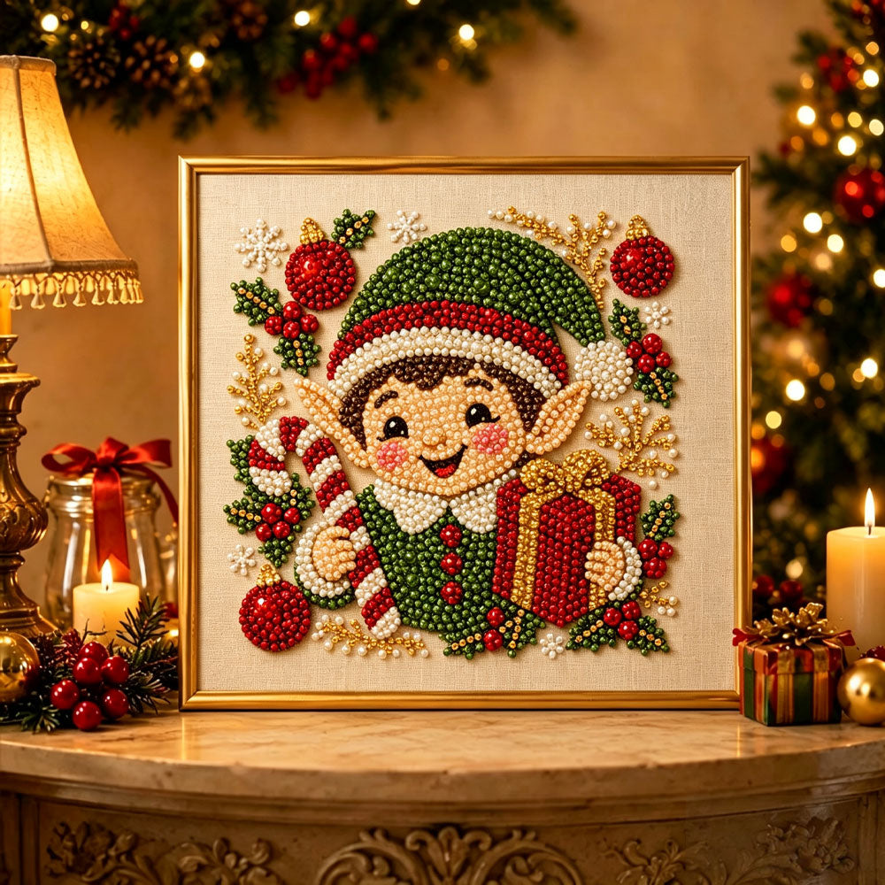 Finished jolly christmas elf pearl diamond painting artwork displayed as holiday home decor