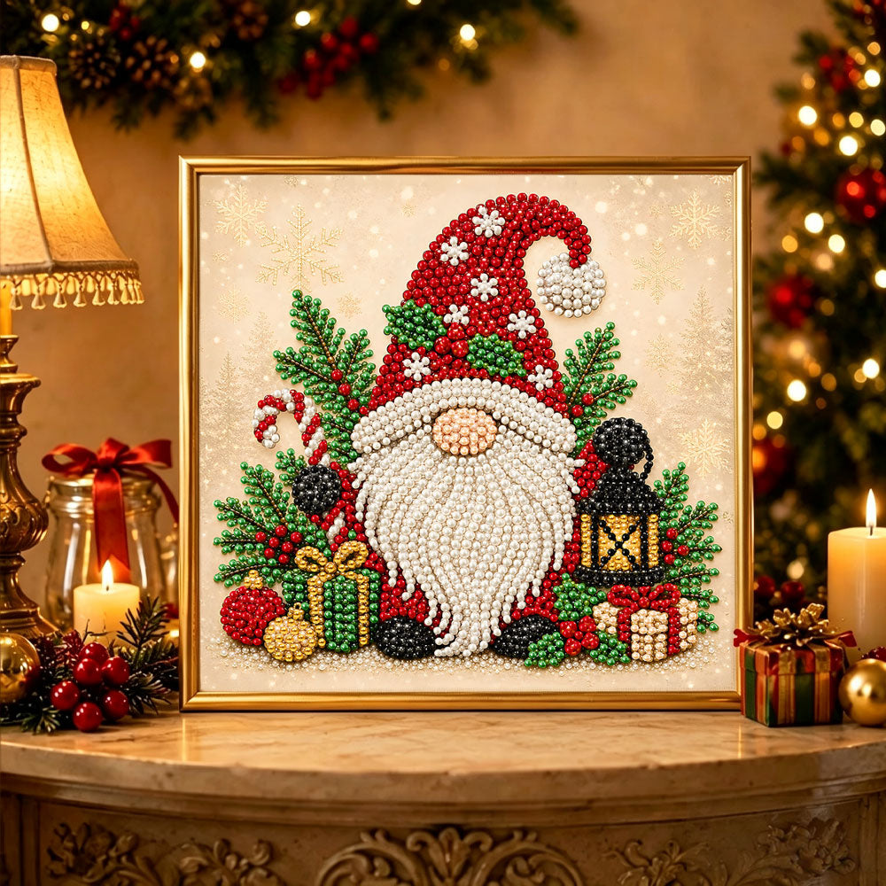 Finished jolly christmas gnome with gifts pearl diamond painting artwork displayed as holiday home decor