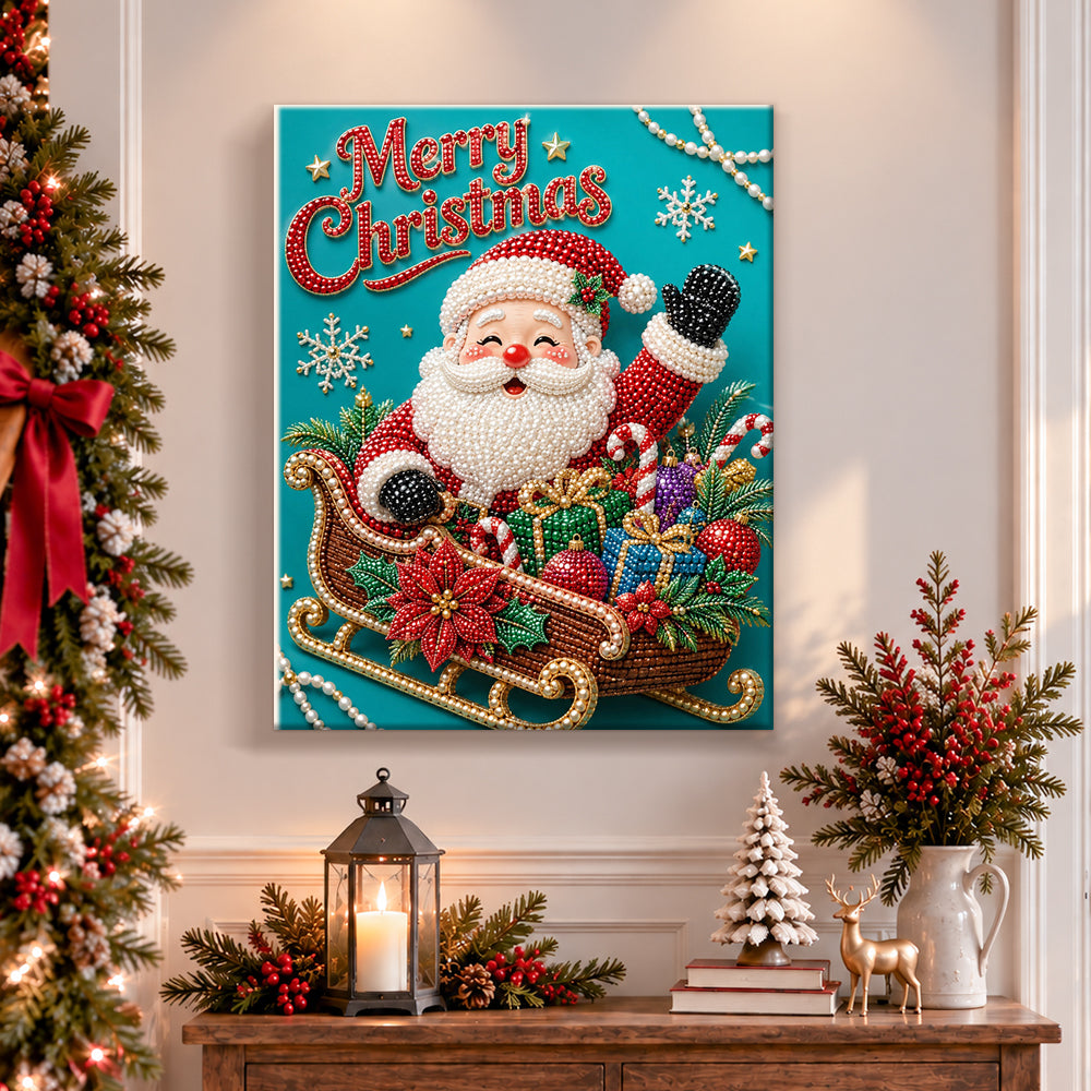 Finished jolly santa celebration pearl diamond painting artwork displayed as holiday home decor