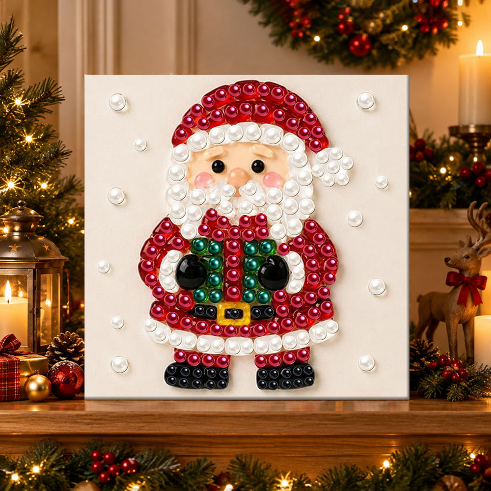 Finished jolly santa claus pearl diamond painting artwork displayed as holiday home decor
