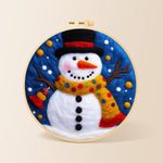 Jolly snowman with top hat and scarf needle felting kit for beginners with a round wooden frame