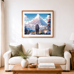 Finished journey toward the snowy peak cross stitch artwork displayed as home decor