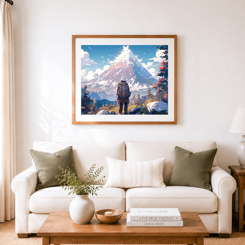 Finished journey toward the snowy peak cross stitch artwork displayed as home decor