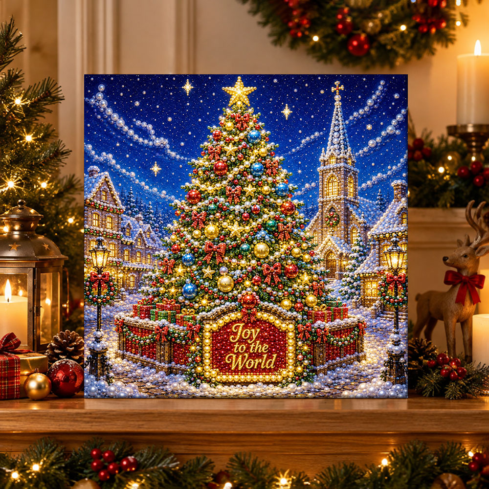 Finished joy to the world christmas tree pearl diamond painting artwork displayed as holiday home decor
