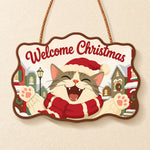 Joyful cat raising paws paint by numbers door hanger finished design