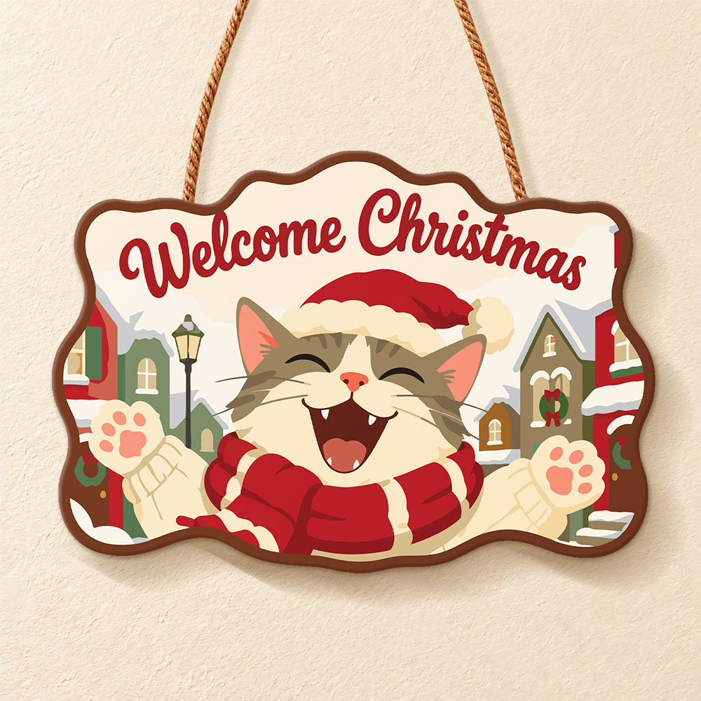 Joyful cat raising paws paint by numbers door hanger finished design