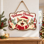 Joyful cat raising paws paint by numbers door hanger as indoor wall decor