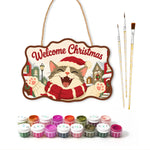 Joyful cat raising paws paint by numbers door hanger with paints and brushes