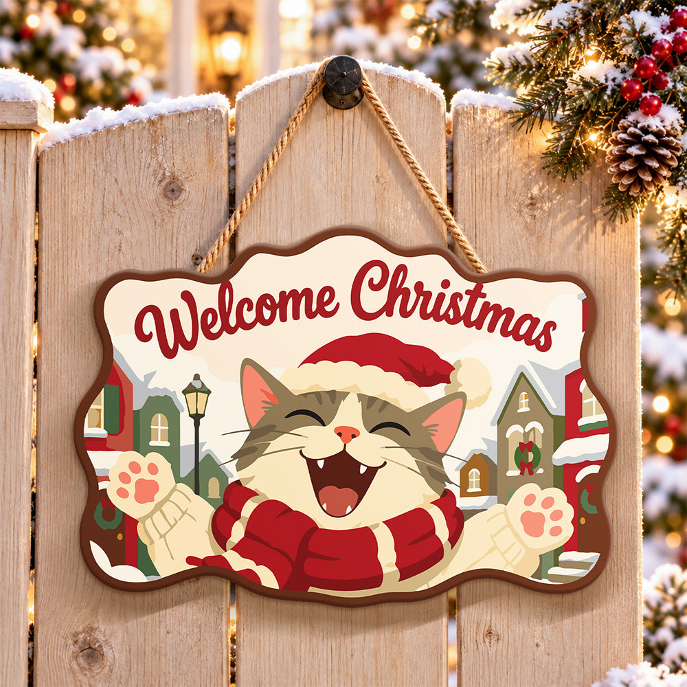 Joyful cat raising paws paint by numbers door hanger on a garden gate