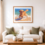 Finished joyful golden retriever running on beach cross stitch artwork displayed as home decor