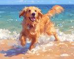 Joyful golden retriever running on beach cross stitch kit for beginners