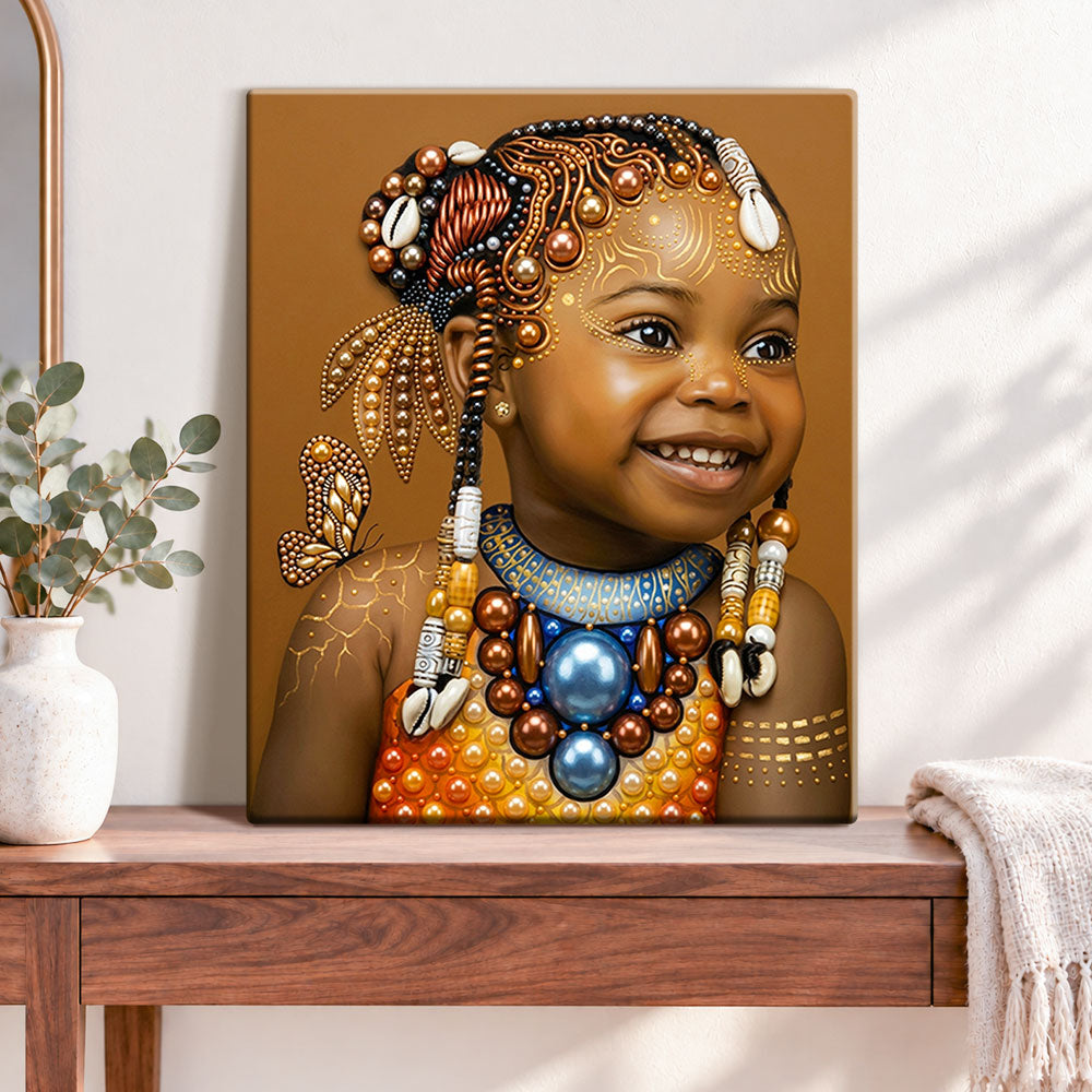 Finished joyful tribal smile pearl diamond painting artwork displayed as home decor