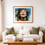 Finished joyful woman with bold brushstrokes cross stitch artwork displayed as home decor