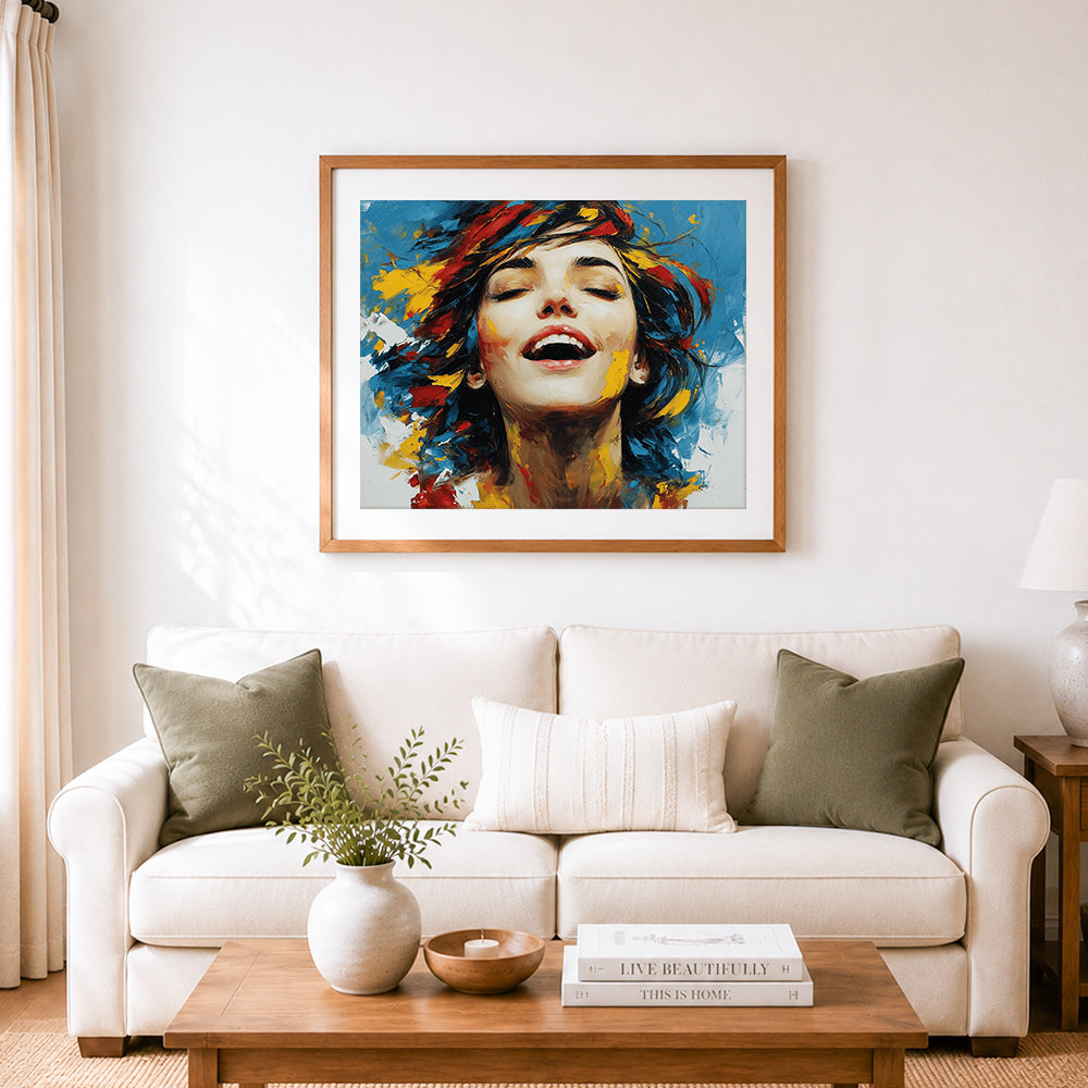 Finished joyful woman with bold brushstrokes cross stitch artwork displayed as home decor