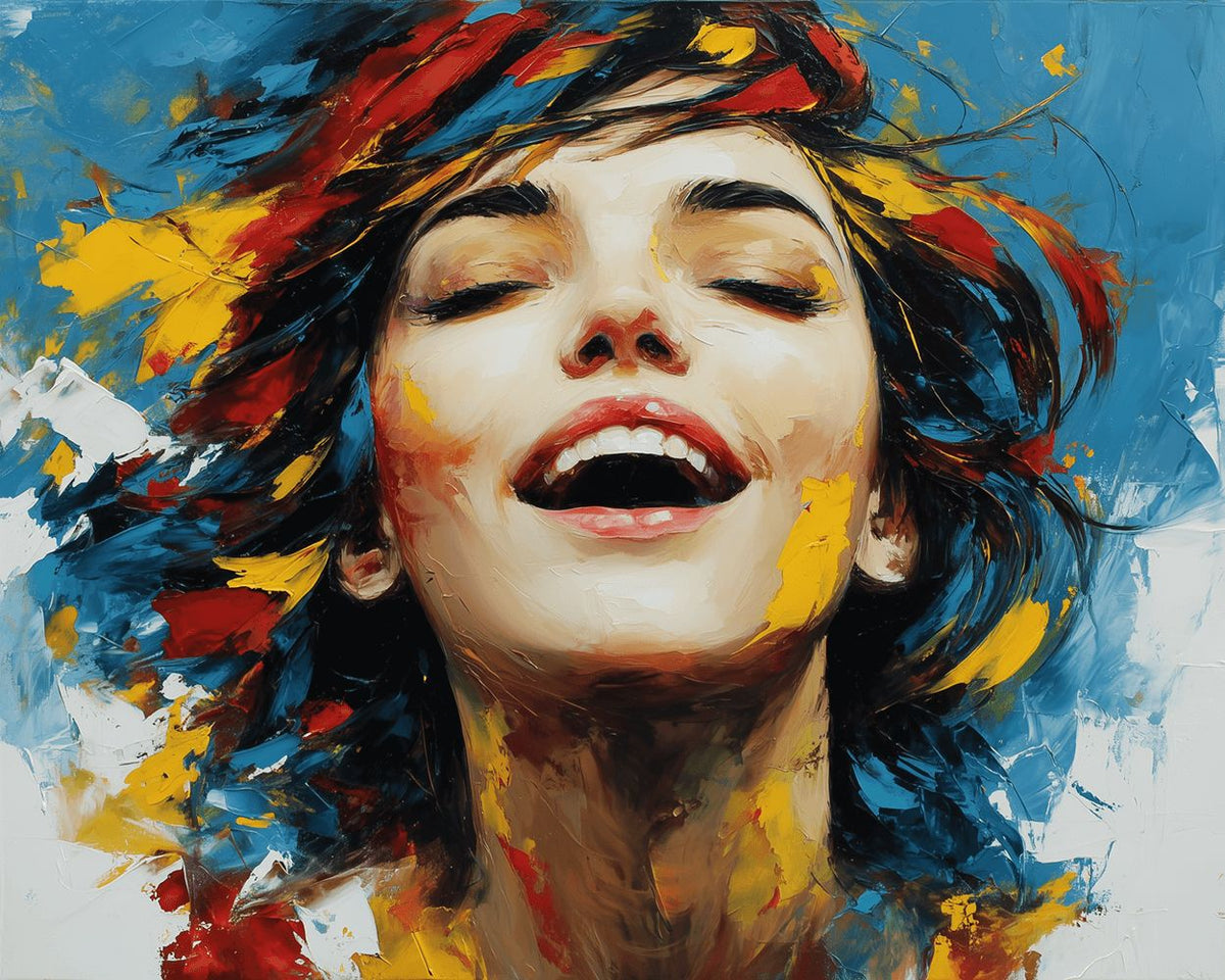 Joyful woman with bold brushstrokes cross stitch kit for beginners