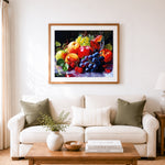 Finished juicy fruit still life cross stitch artwork displayed as home decor