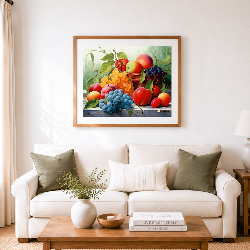 Finished juicy summer stone fruits cross stitch artwork displayed as home decor