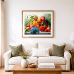 Finished juicy summer stone fruits cross stitch artwork displayed as home decor