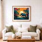Finished jungle elephant at dusk cross stitch artwork displayed as home decor