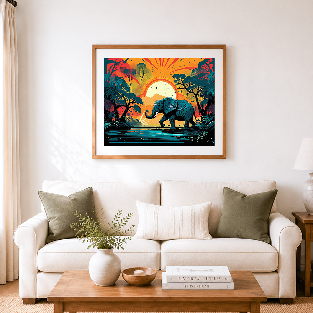 Finished jungle elephant at dusk cross stitch artwork displayed as home decor