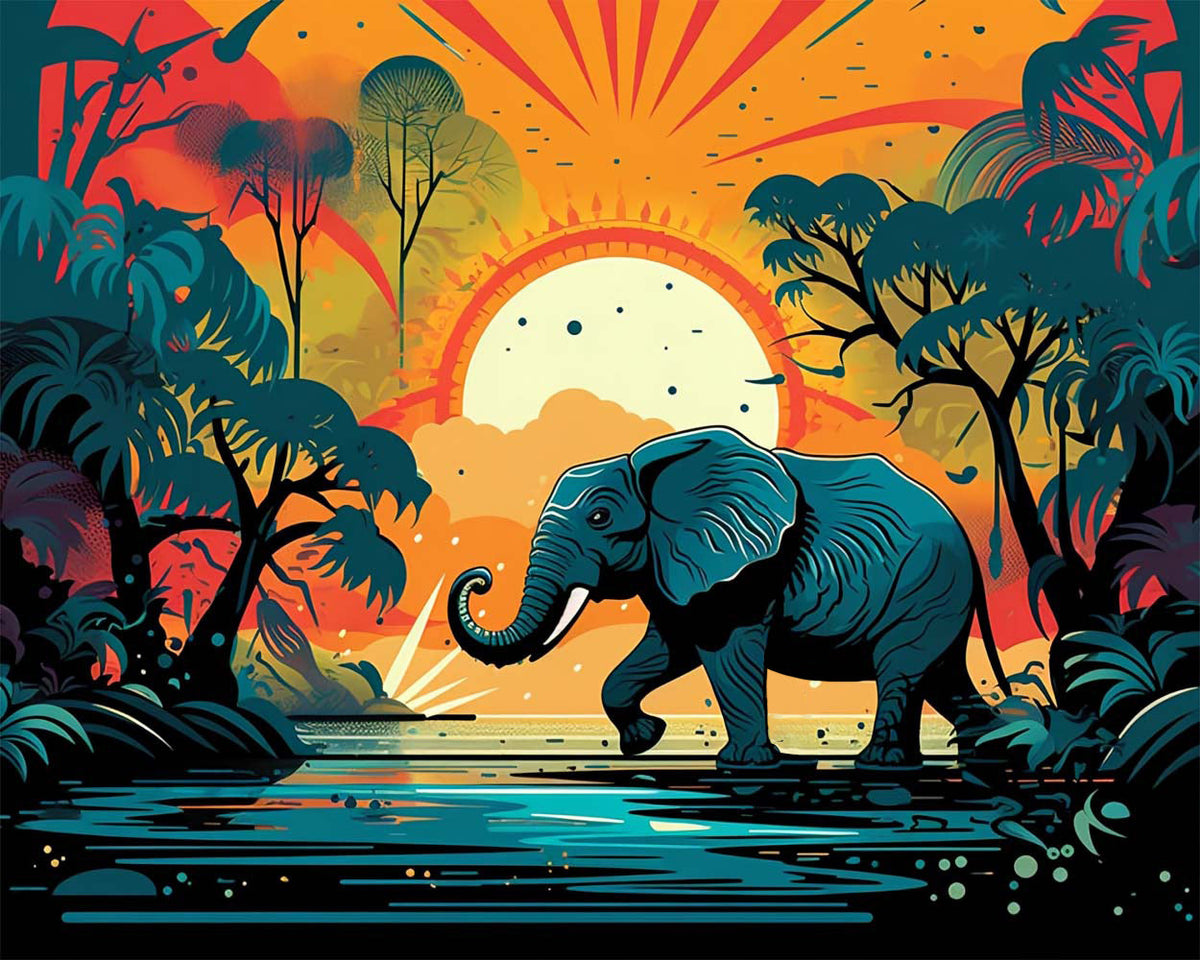 Jungle elephant at dusk cross stitch kit for beginners