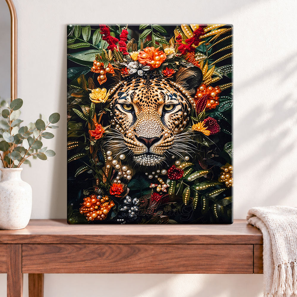 Finished jungle floral leopard pearl diamond painting artwork displayed as home decor